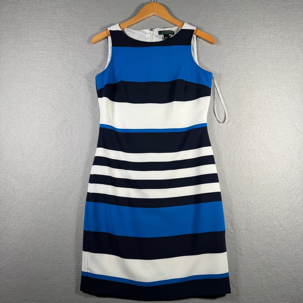 Lauren Ralph Lauren Womens Blue White Striped Sleeveless Sheath‎ Dress Size 4